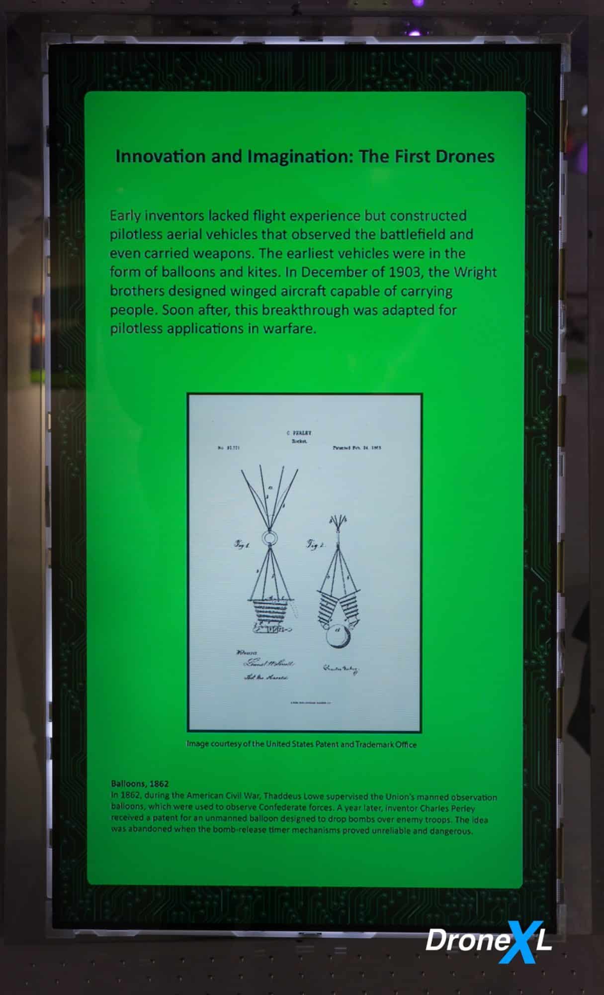 Balloons, 1862 panel on Thaddeus Lowe's Civil War observation balloons and Charles Perley's bomb balloon.