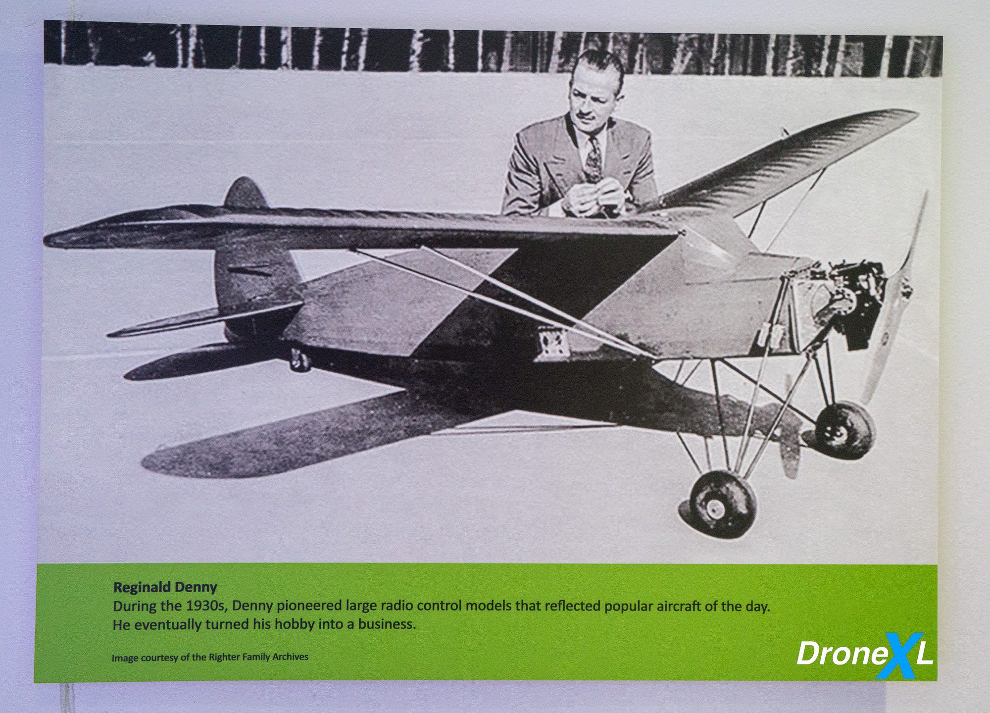 Display case of early radio-controlled model aircraft from the interwar hobby boom.