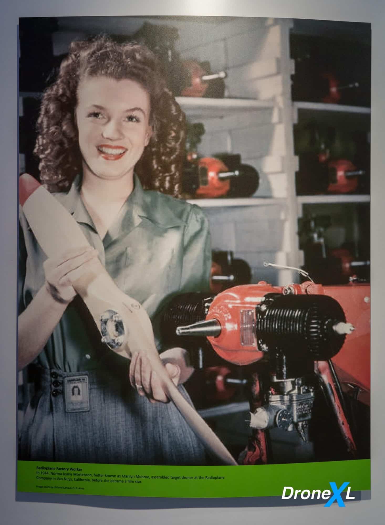 Photograph of Norma Jeane Mortenson, later Marilyn Monroe, building target drones at Radioplane in 1944.