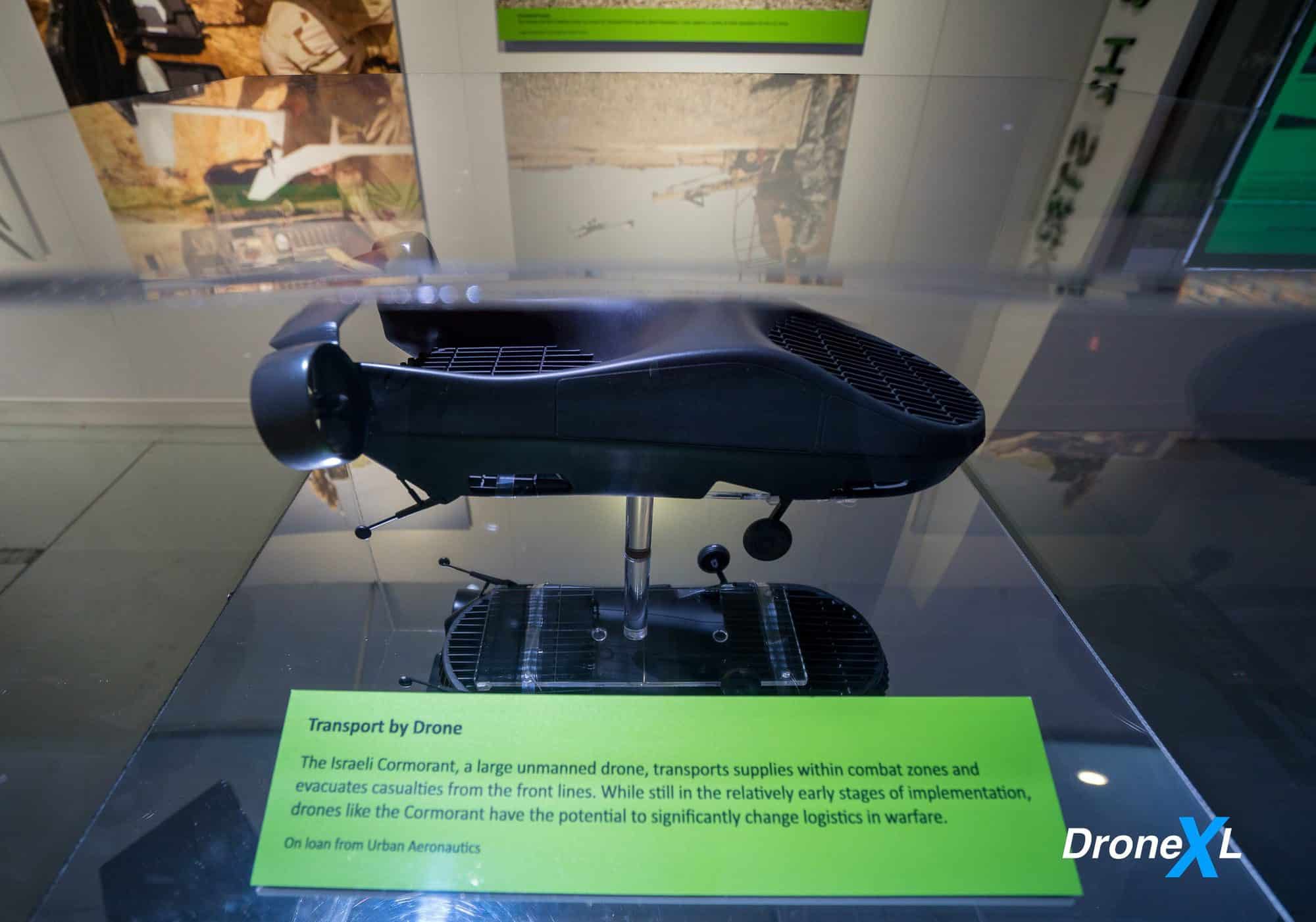 Transport by drone display on the Israeli Cormorant, which resupplies troops and evacuates casualties.