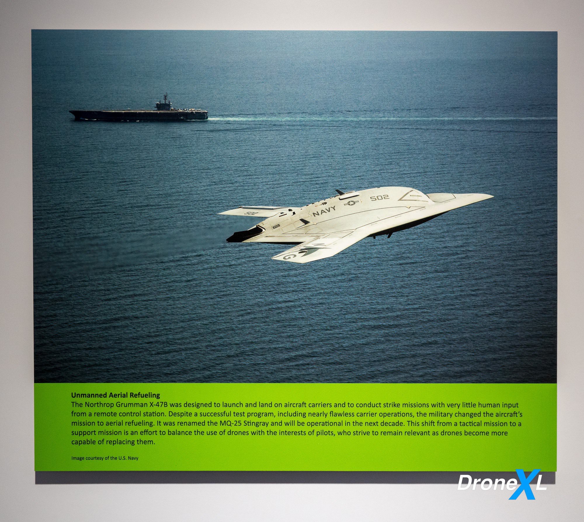 Unmanned Aerial Refueling exhibit on the Northrop Grumman X-47B, later renamed MQ-25 Stingray.
