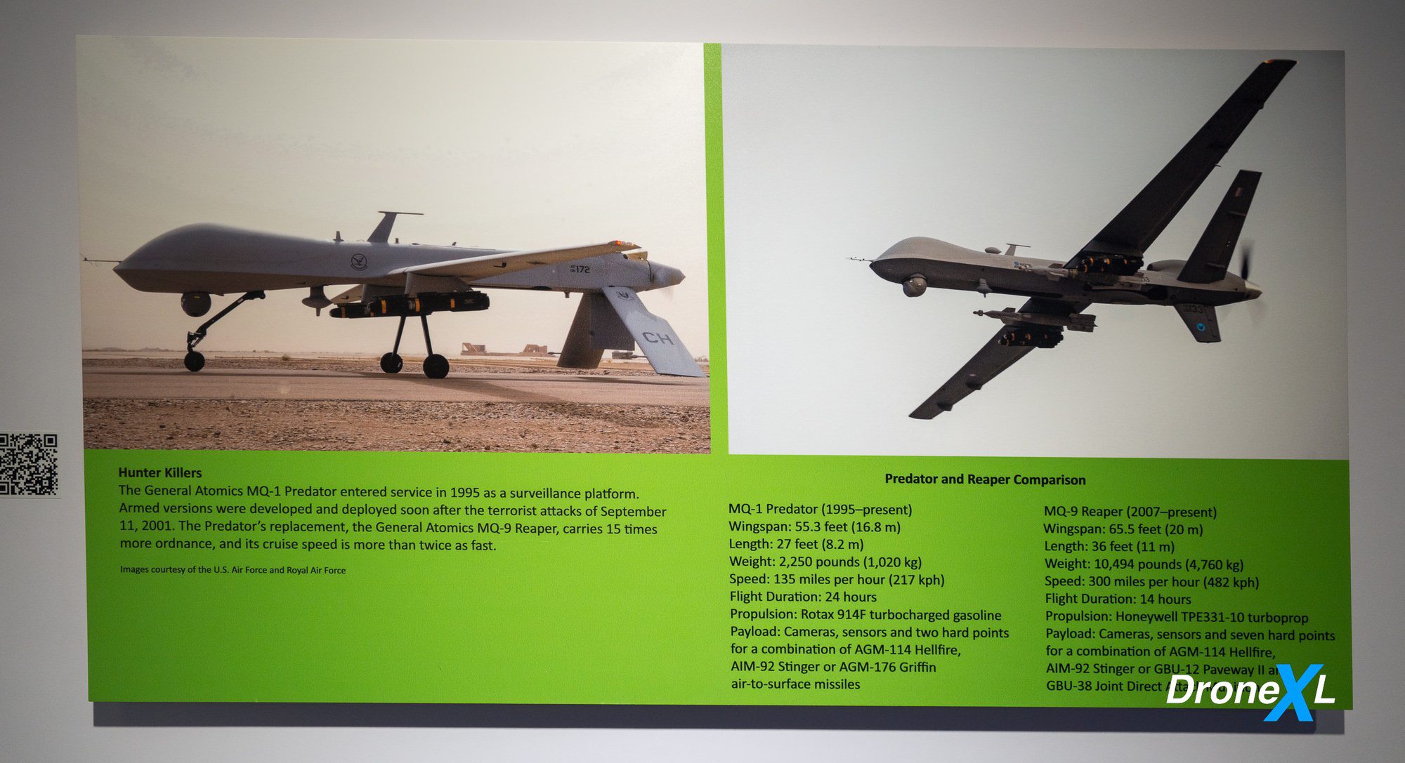 Hunter Killers display comparing the MQ-1 Predator with the much larger MQ-9 Reaper.
