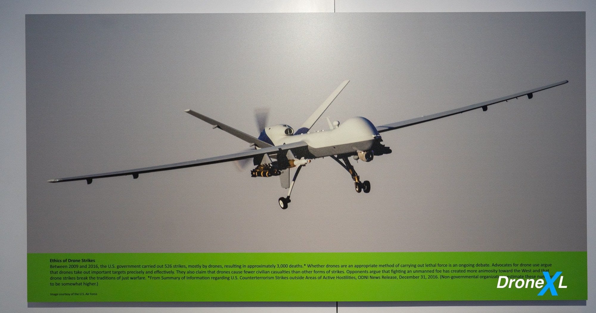 Ethics of Drone Strikes panel citing 526 U.S. strikes carried out between 2009 and 2016.