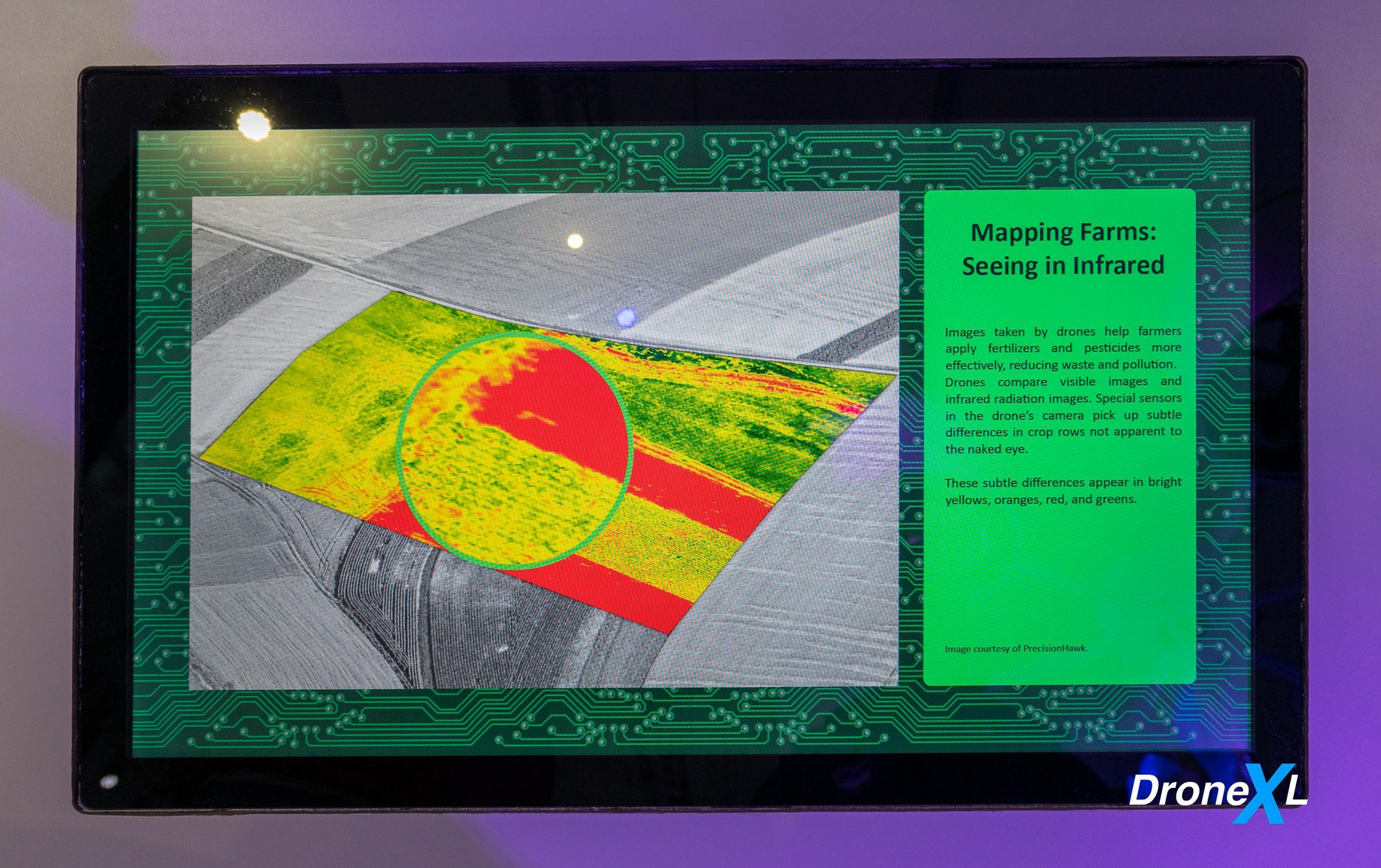 Mapping Farms display contrasting visible and infrared crop imagery in yellows, oranges and reds.