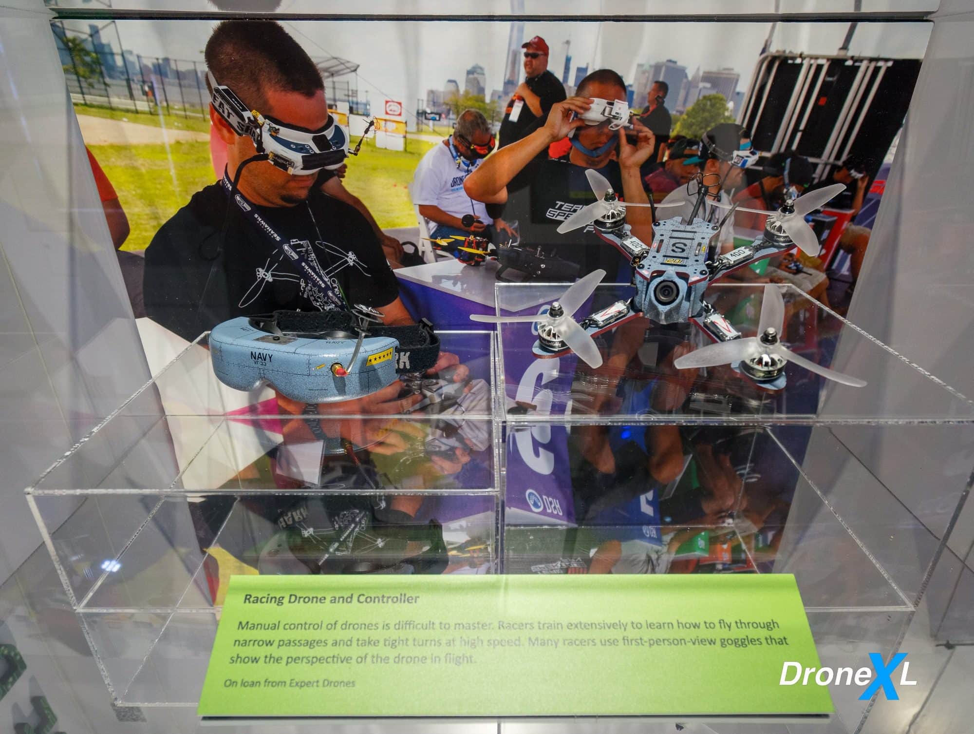 First-person view racing drones shown in the drone racing part of the exhibition.