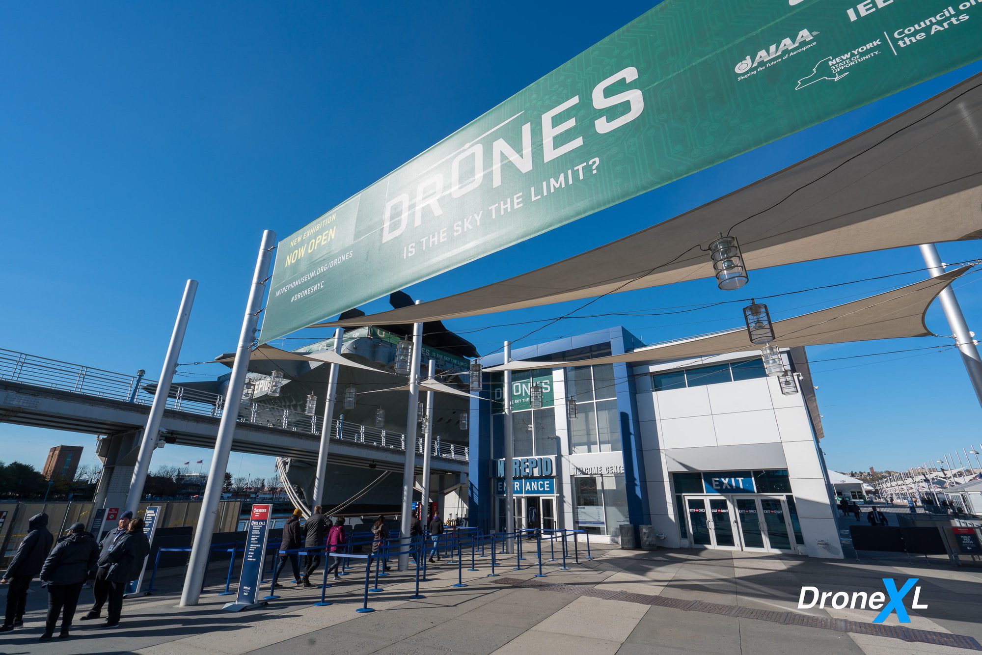 Closing view of the DJI-sponsored drone history exhibition aboard the Intrepid.