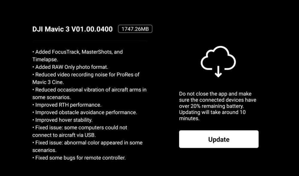 Screenshot of the DJI Mavic 3 firmware v01.00.0400 release notes and update button.