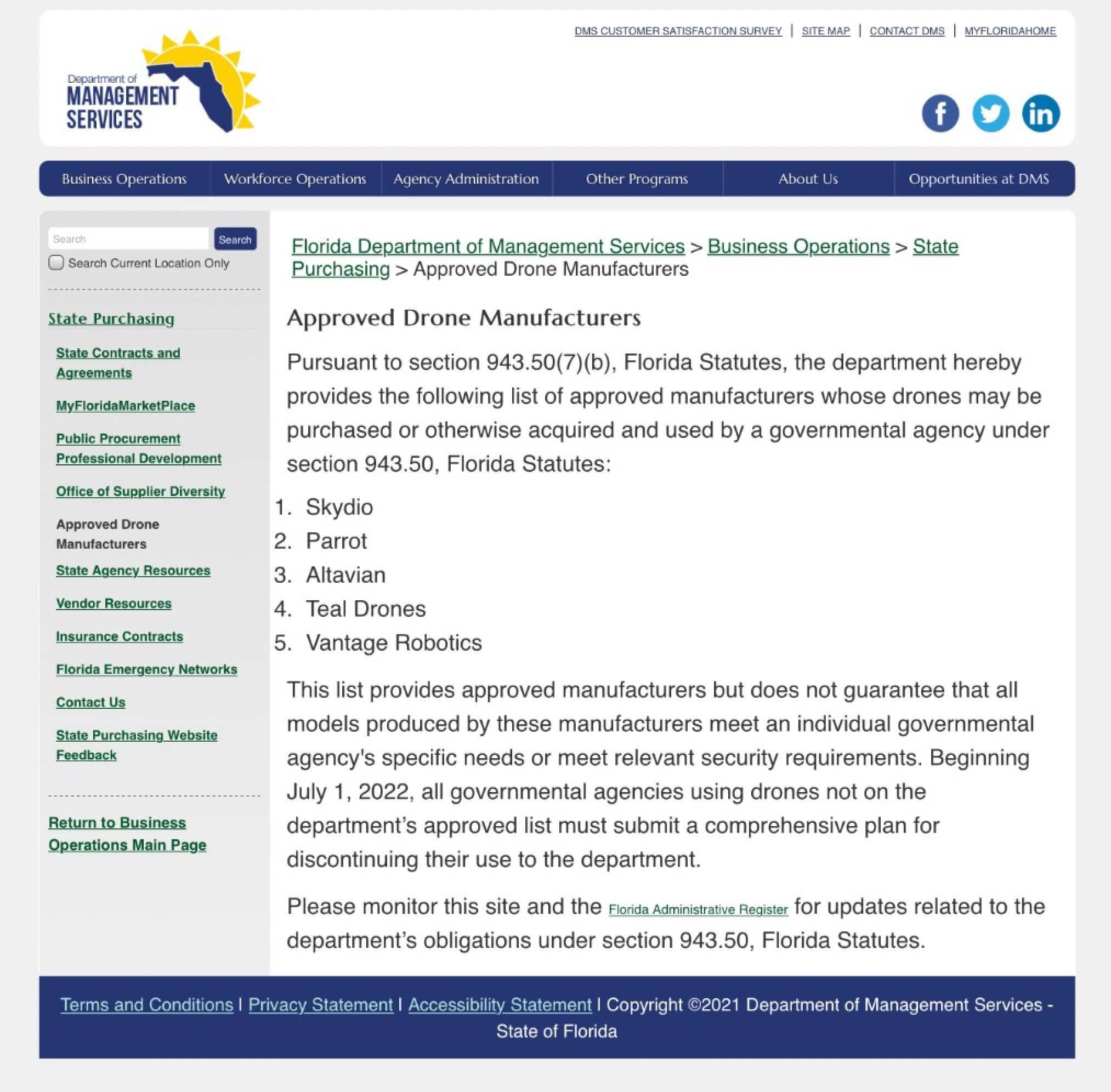DJI drones banned for use by government agencies in Florida. Screenshot of the Florida Department of Management Services (DMS) website earlier today.