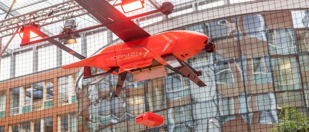 The HORYZN fixed-wing rescue drone with a 10-foot (3-meter) wingspan built to carry a defibrillator.