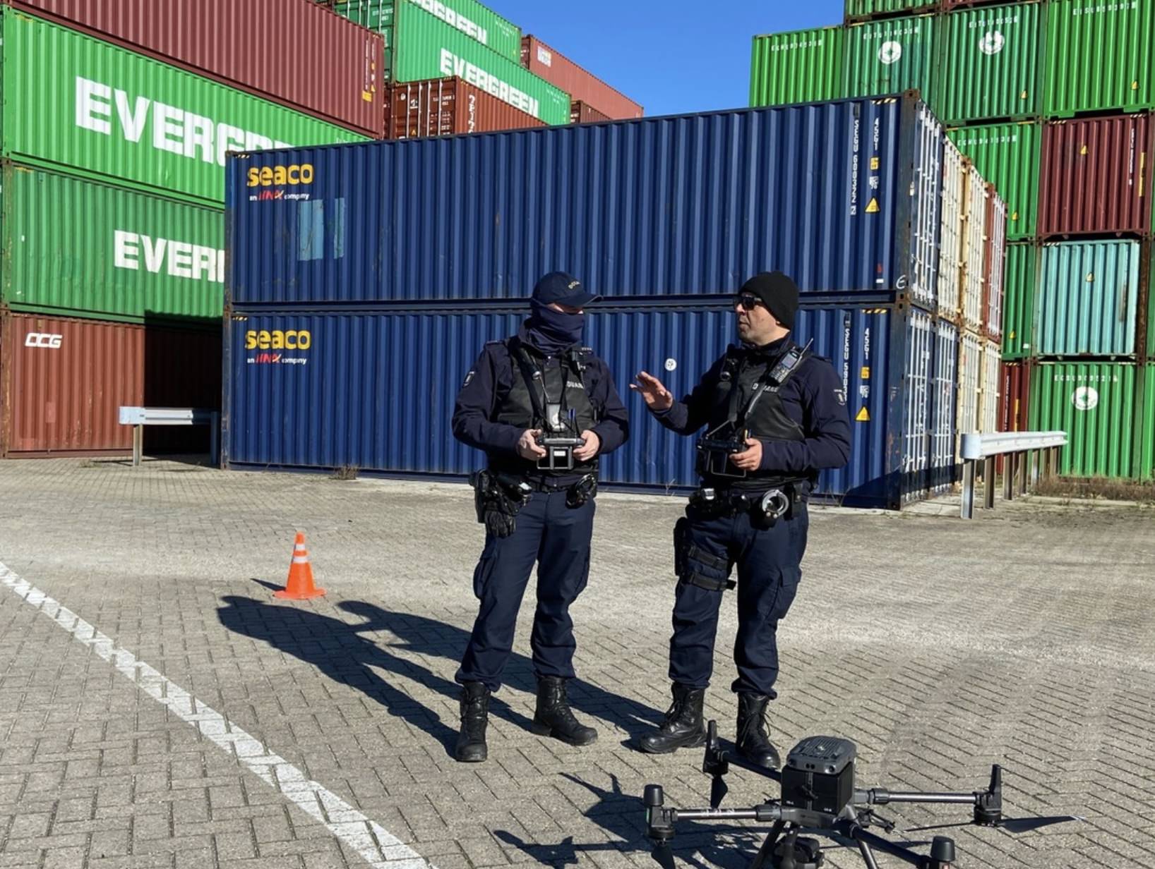 Dutch Customs drone team operating in the port of Rotterdam to counter drug smuggling.