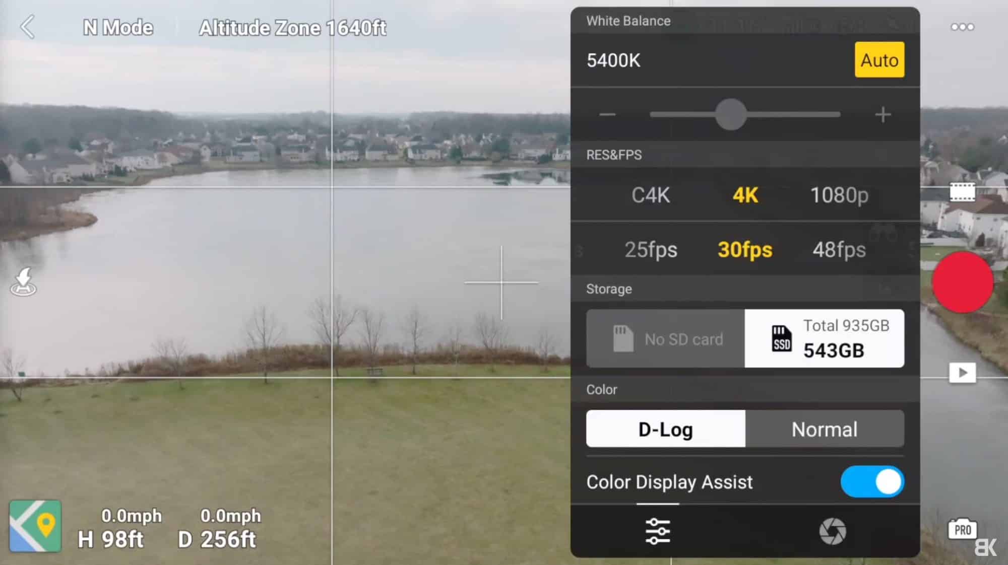 DJI Fly camera settings panel open over a lakeside view with D-Log selected.