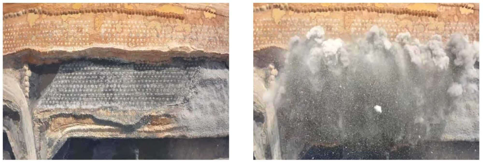 Two aerial frames showing a mine bench before and during a blast.