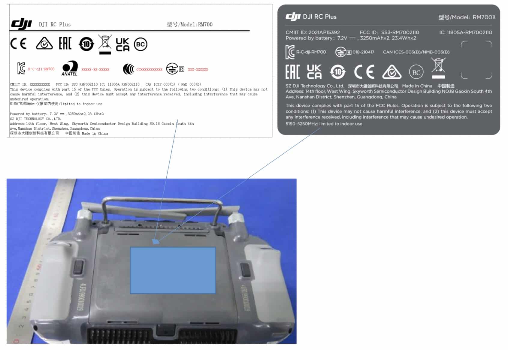 FCC filing page for the DJI RC Plus with its labels and a product photo.