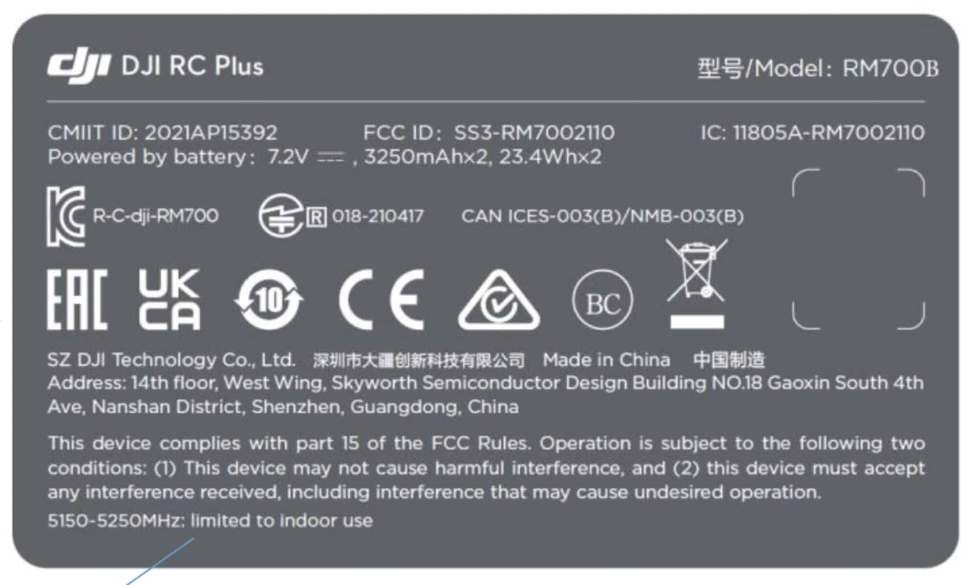Label documentation for the DJI RC Plus remote controller found in its FCC filing.