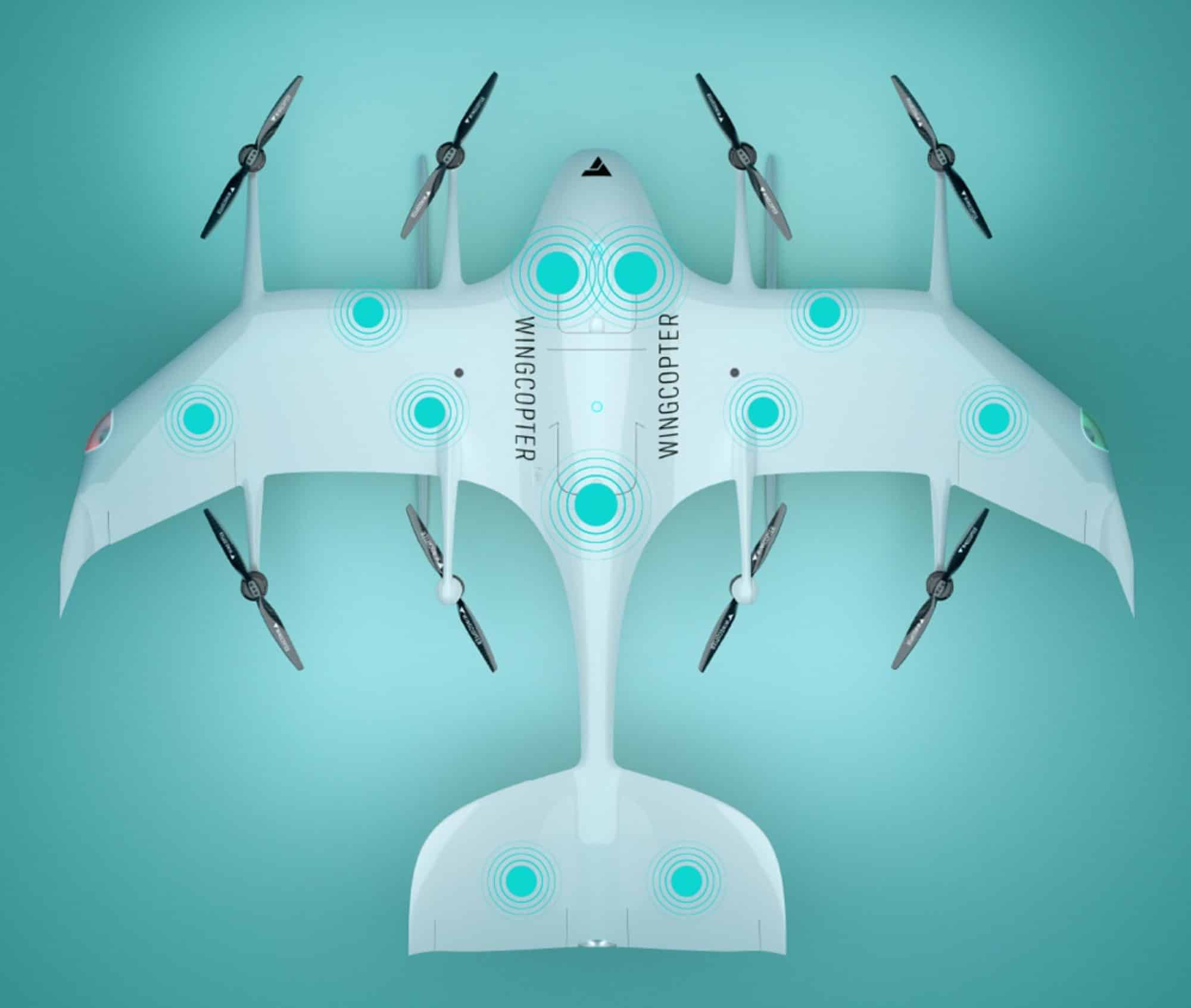 Press photo of the Wingcopter 198, the fixed-wing drone built for medical deliveries.