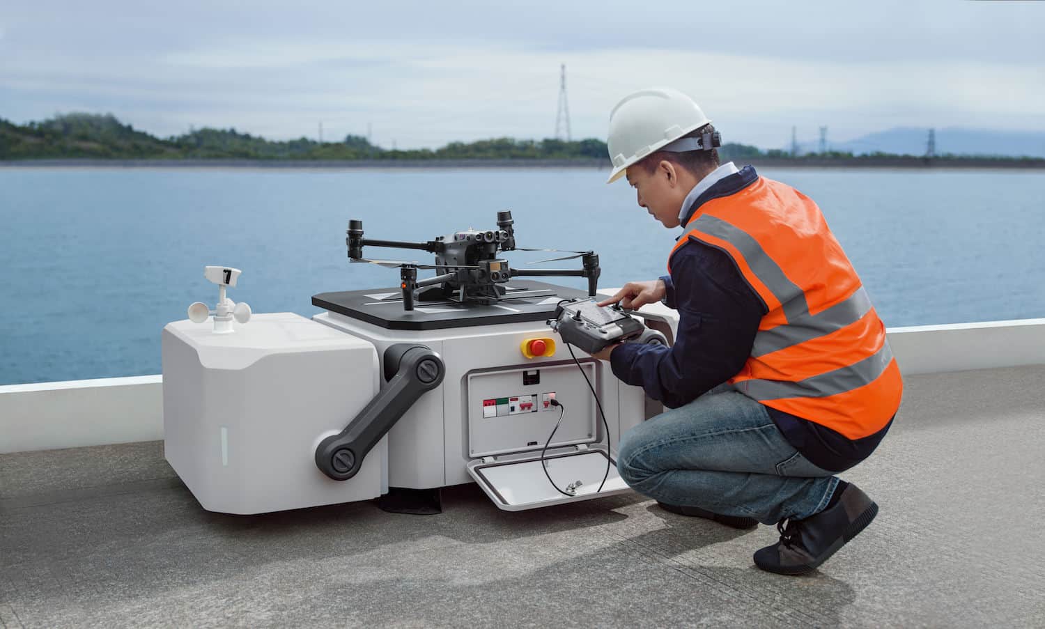 A DJI Dock installed outdoors for automated Matrice 30 takeoffs and landings.