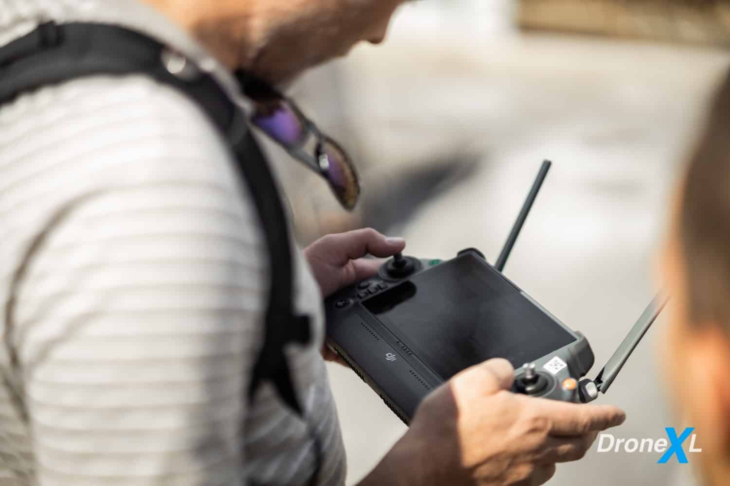 Ports and swappable external battery on the back of the DJI RC Plus.