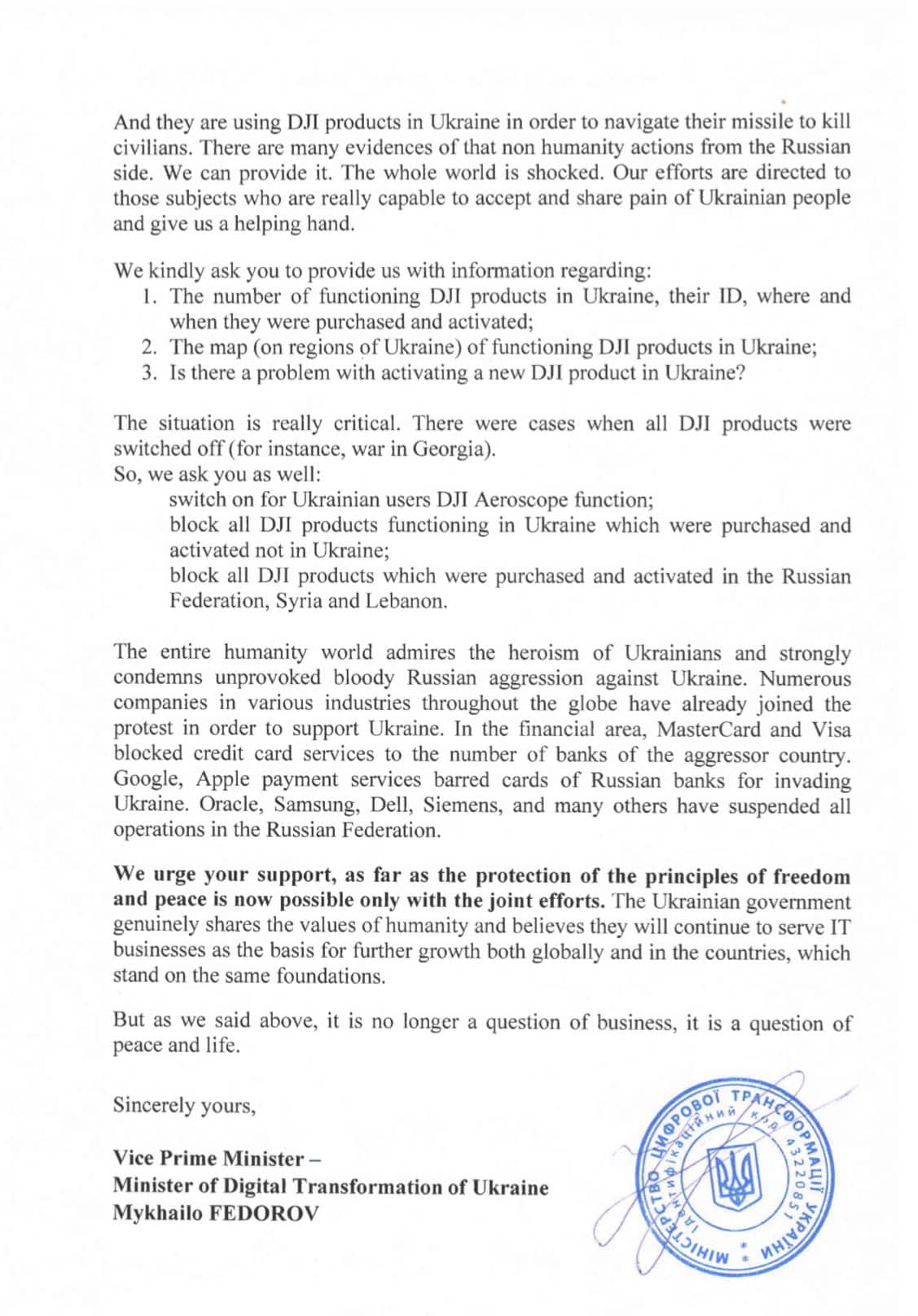 Ukrainian Vice Prime Minister urges DJI CEO Frank Wang to block DJI drones used by Russians immediately