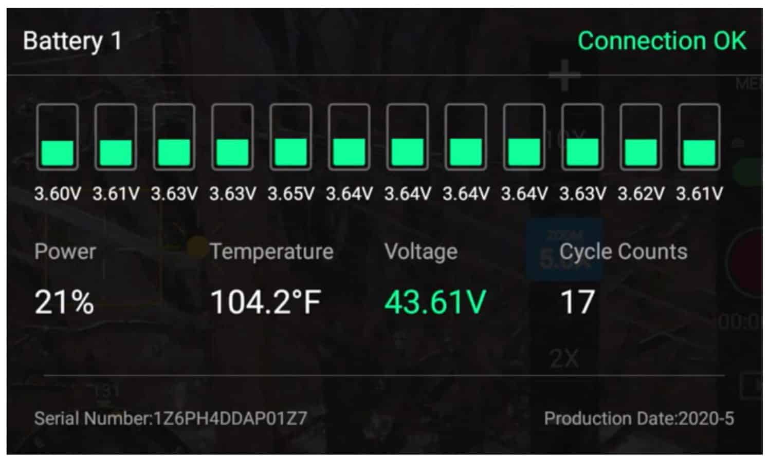 Screenshot of a correctly discharged battery logged during a hover test.