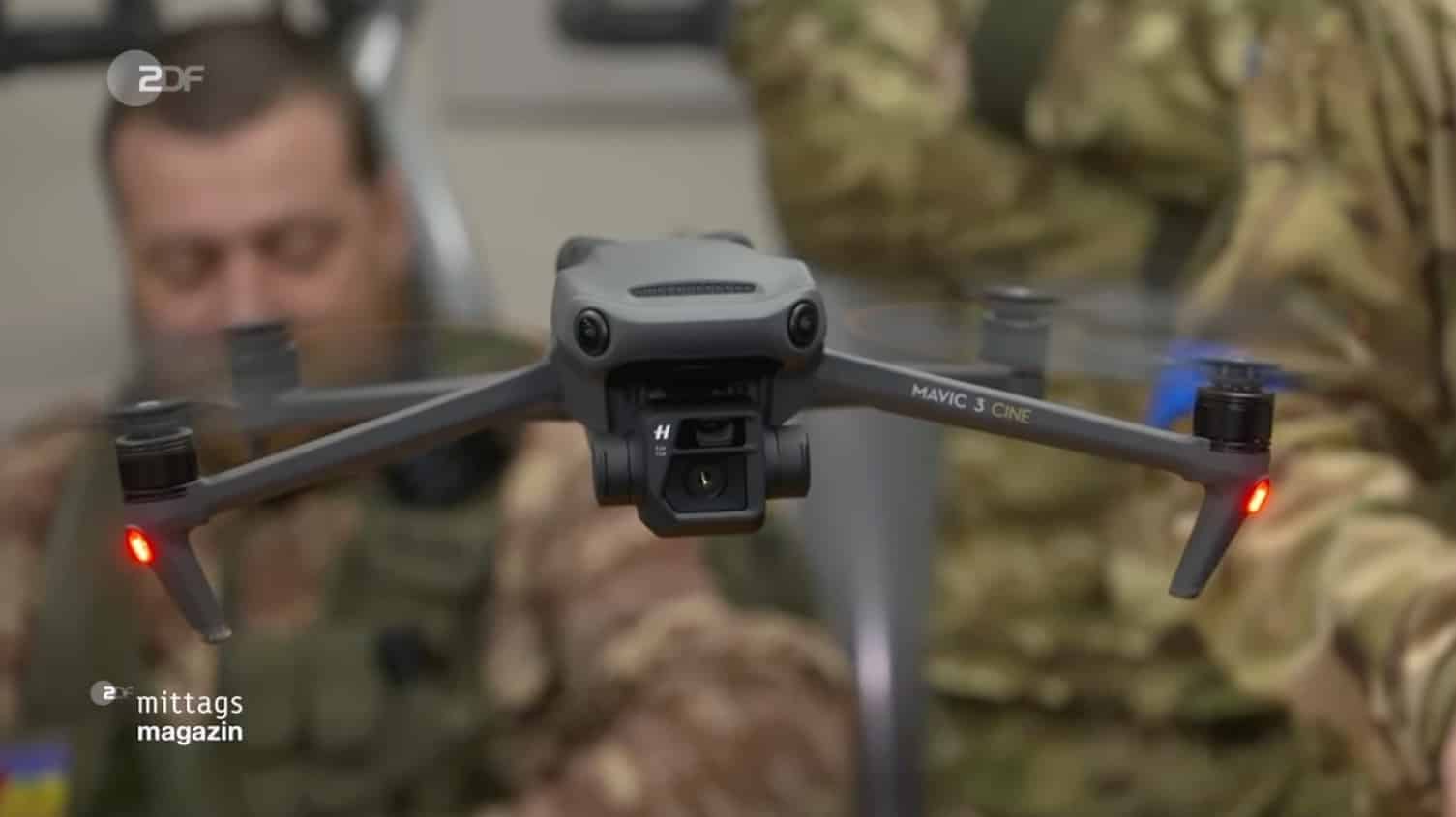 DJI Mavic 3 in a German news report with Ukrainian soldiers behind it.
