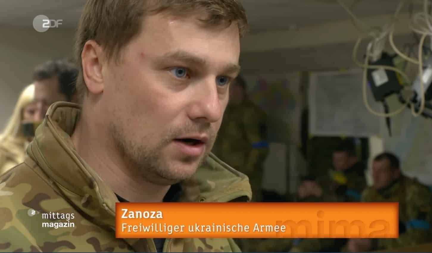 Ukrainian volunteer soldier Zanoza interviewed on German television about the drone footage.