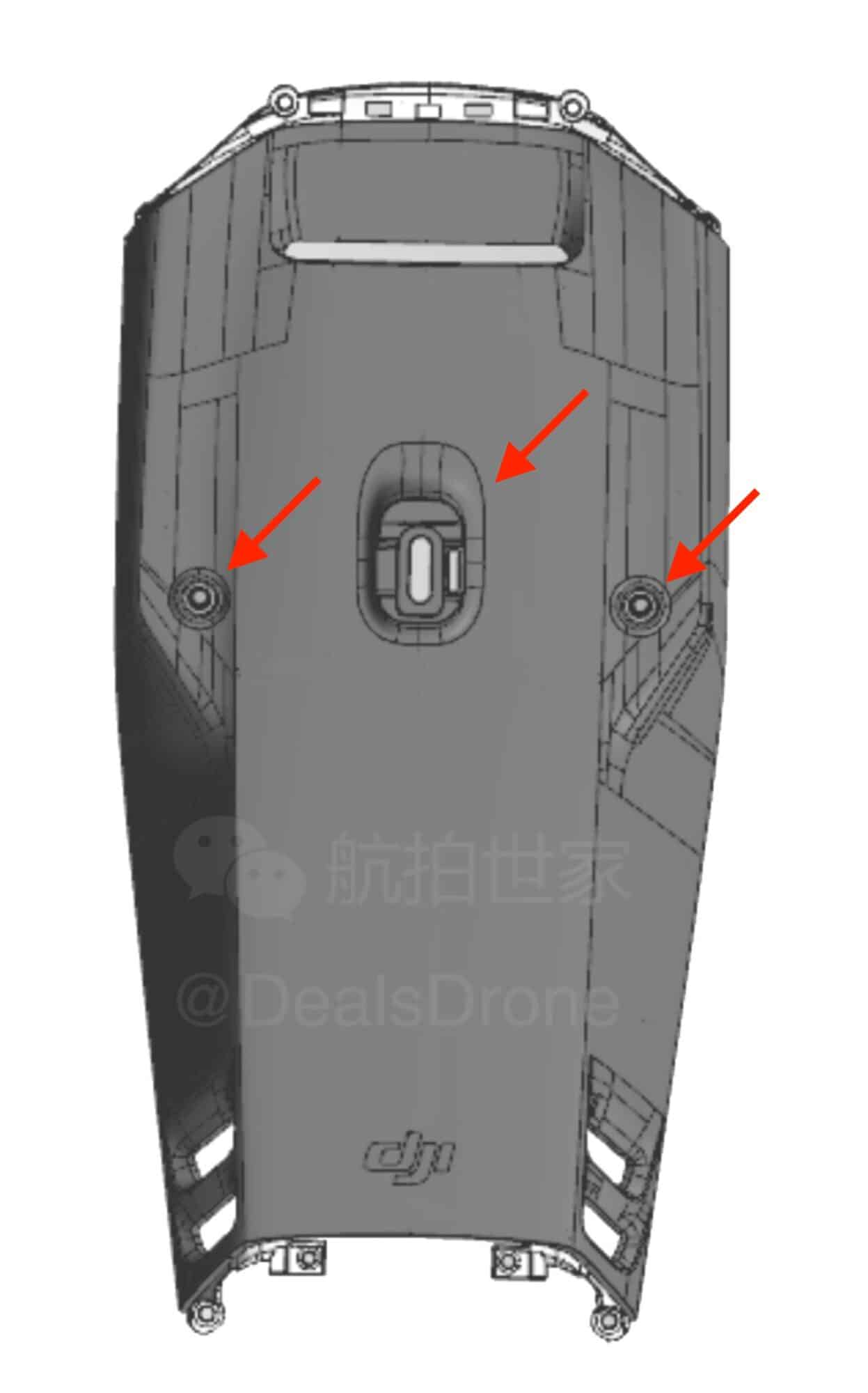Leaked drawing of a Mavic 3 Enterprise top shell with three arrows marking features.