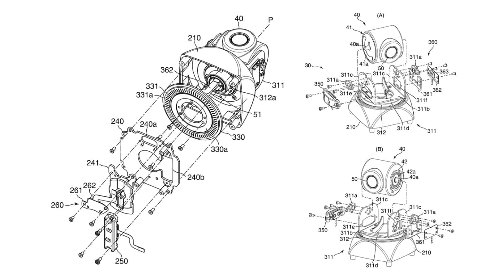 Canon patent drawing of an exploded gimbal camera module with numbered components.