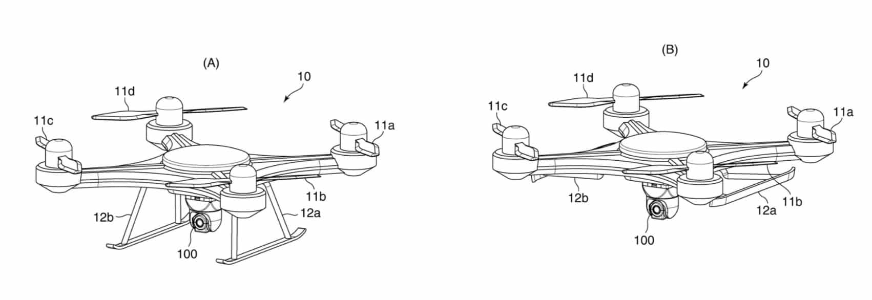 Canon patent drawing showing a quadcopter carrying the gimbal in two configurations.