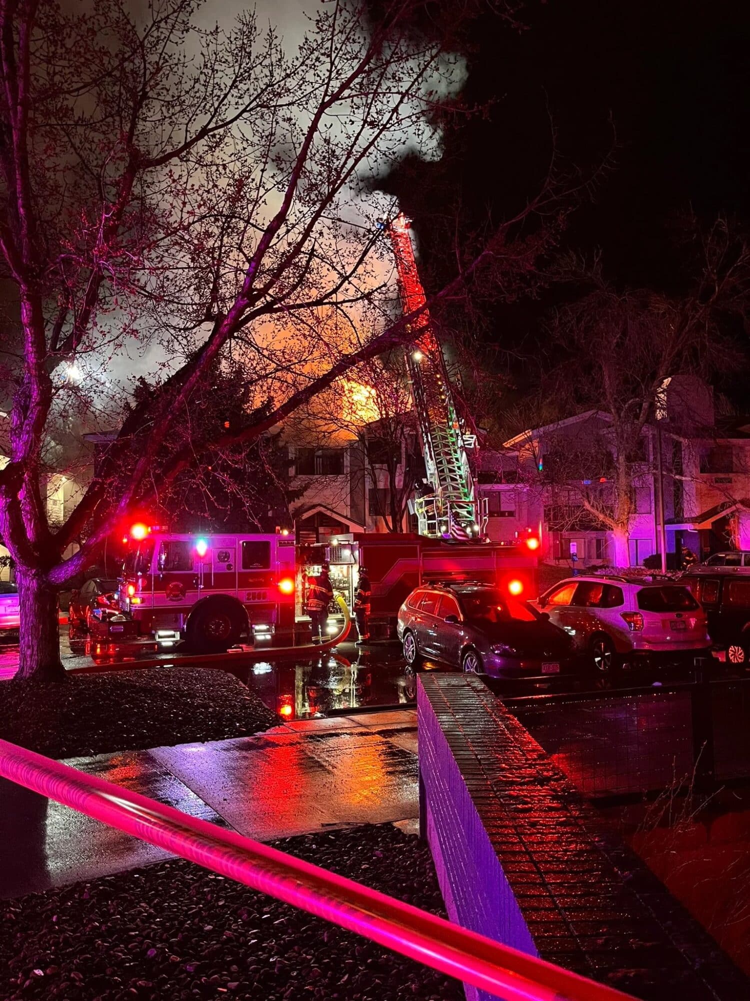 Vertical aerial shot of the fire-damaged roof and surrounding Boulder neighborhood.