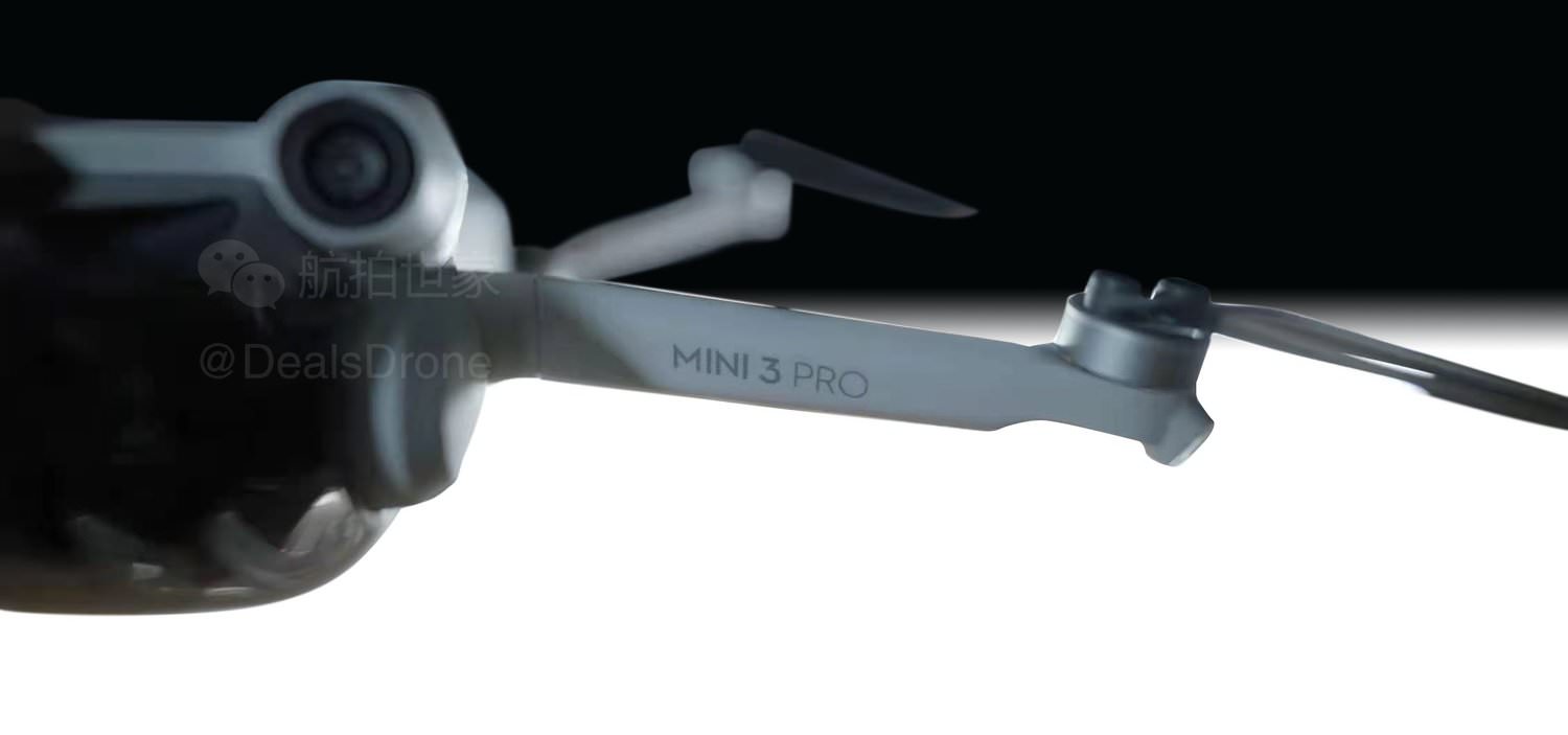 Model name printed on the front leg of the DJI Mini 3 Pro.