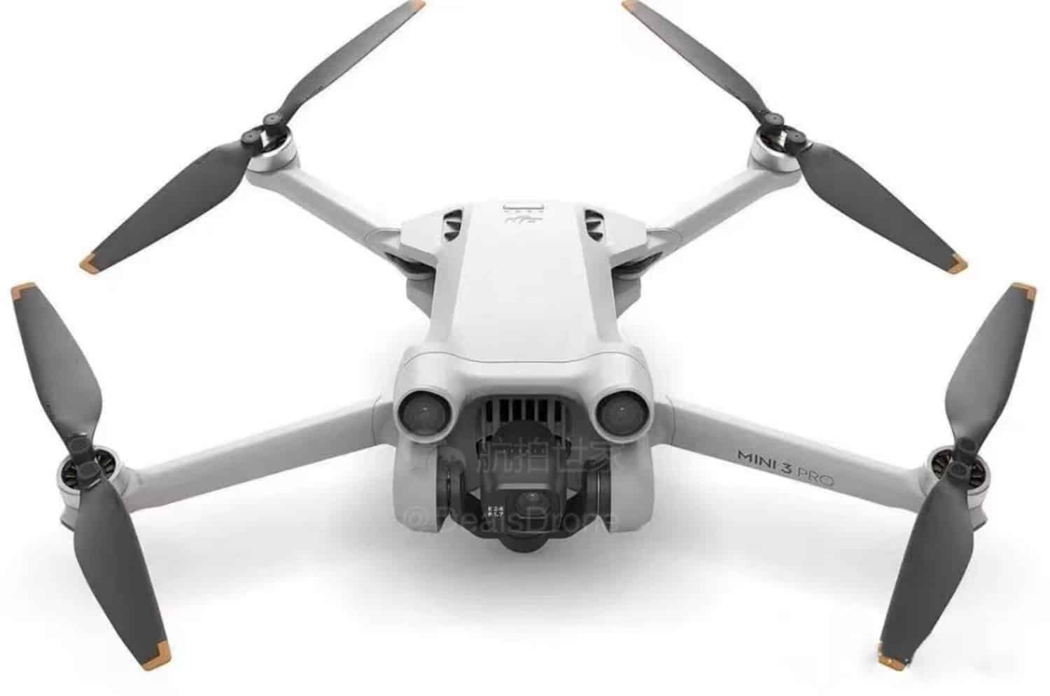 Front view render of the DJI Mini 3 Pro with propellers extended.