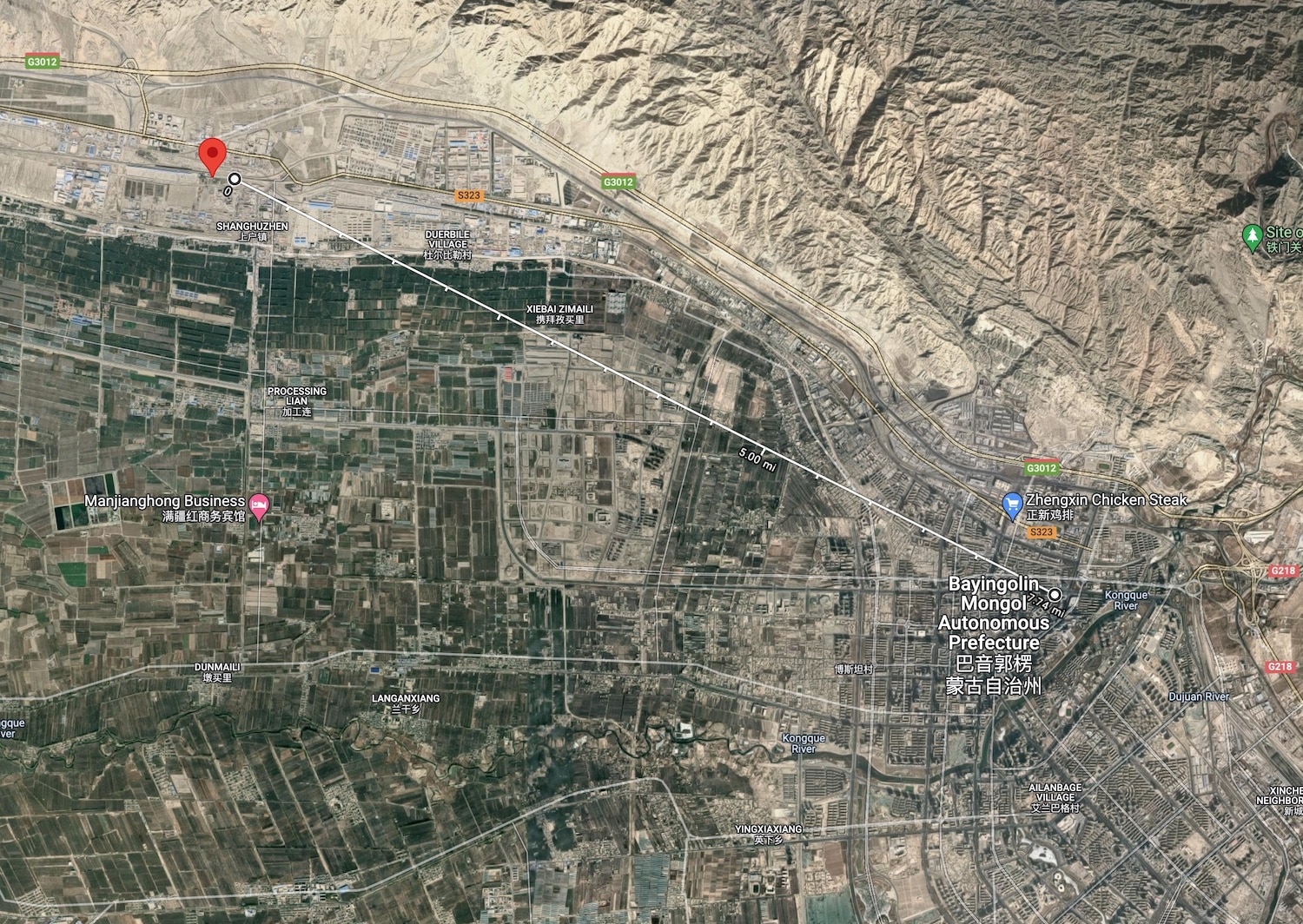 Screenshot of Google Earth being used to measure distance from a known map label.