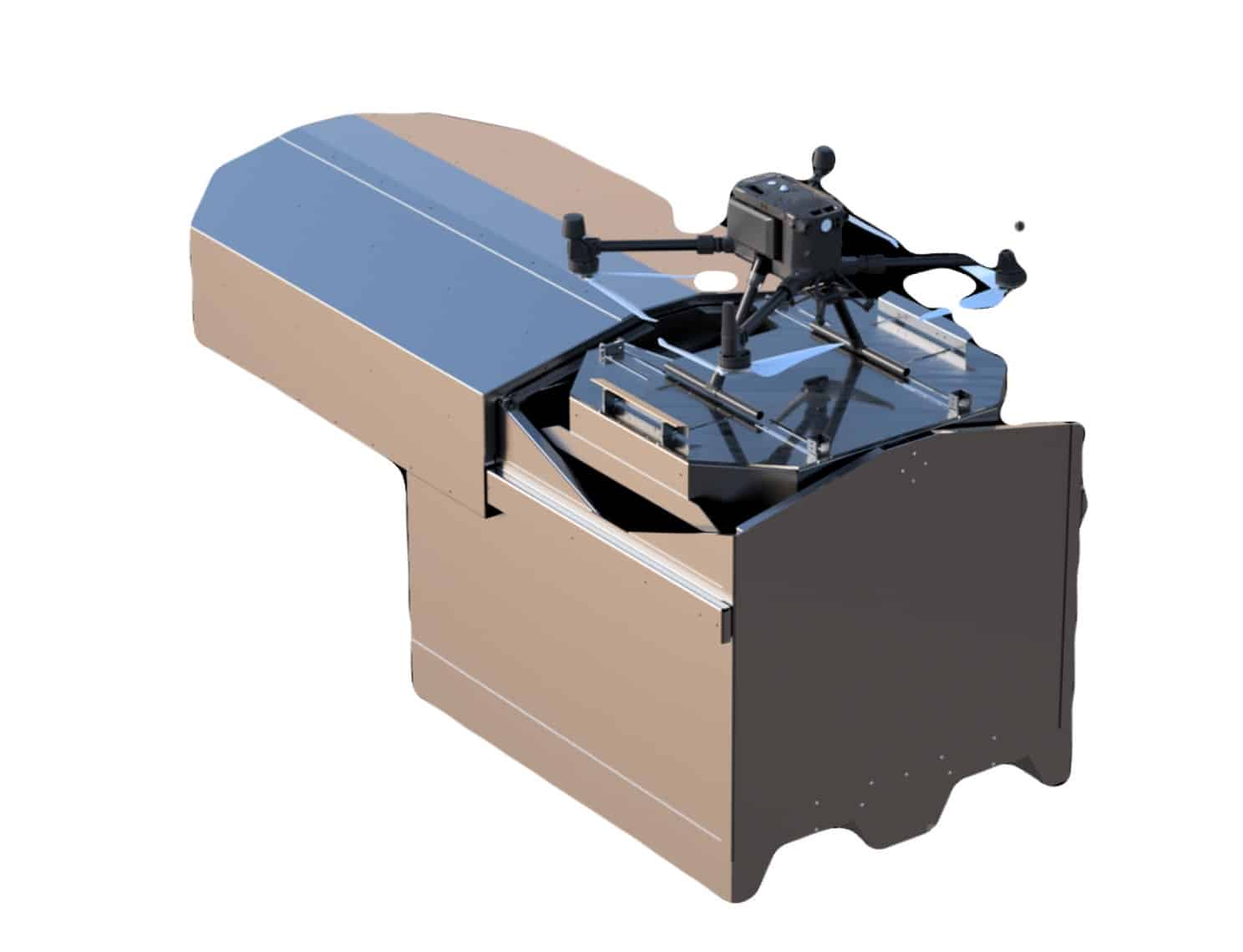 Render of the Hextronics Atlas 300 dock open with a DJI M300 inside.