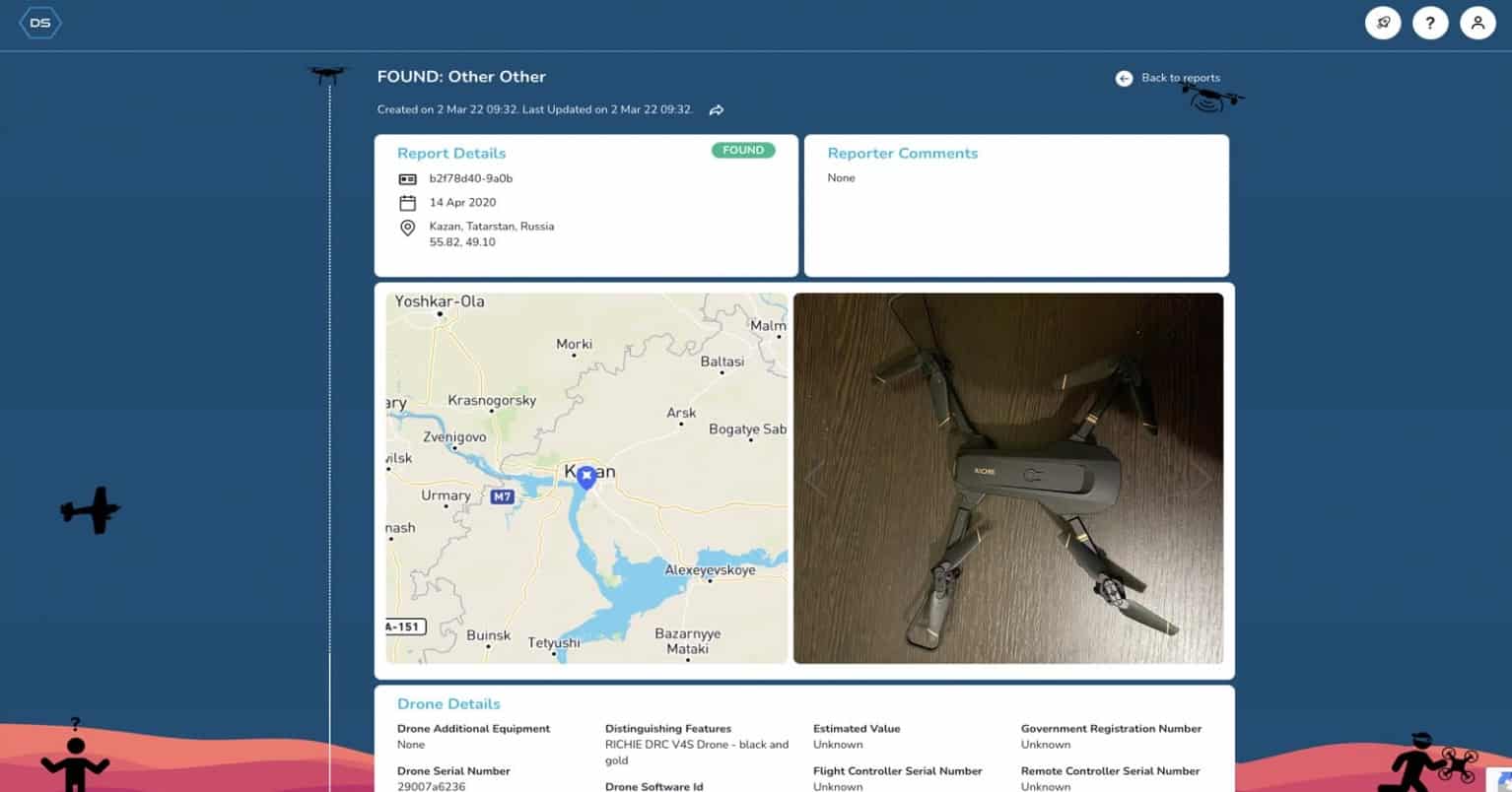 Screenshot of a Stolen Drone Info found report with a map and drone photo.