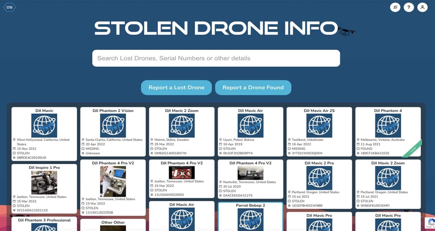 Screenshot of the Stolen Drone Info homepage listing reported lost and stolen drones.