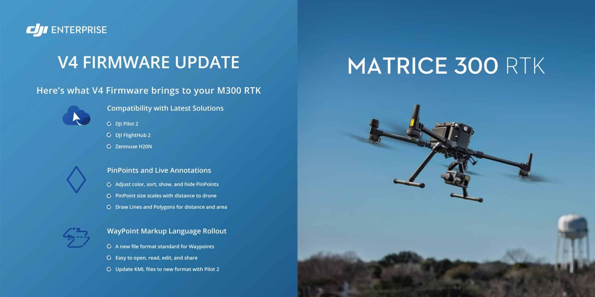 DJI Enterprise graphic listing V4 firmware features for the Matrice 300 RTK.