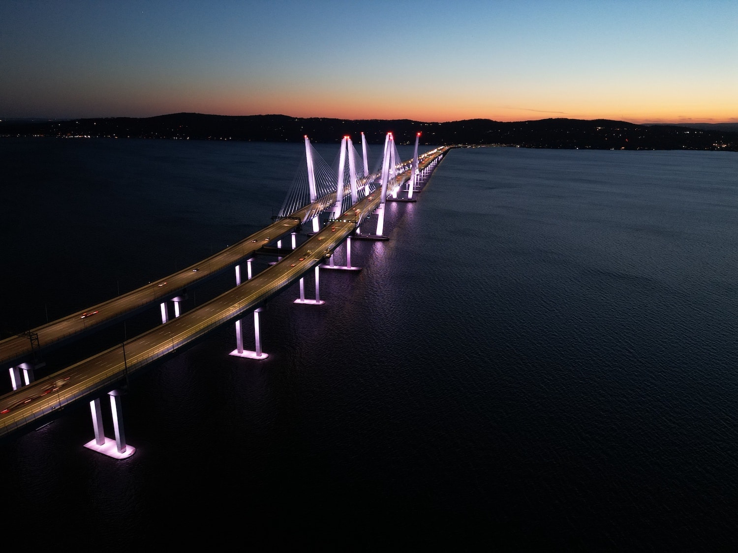 The Tappan Zee Bridge just after sunset, captured unedited with the DJI Mini 3 Pro.