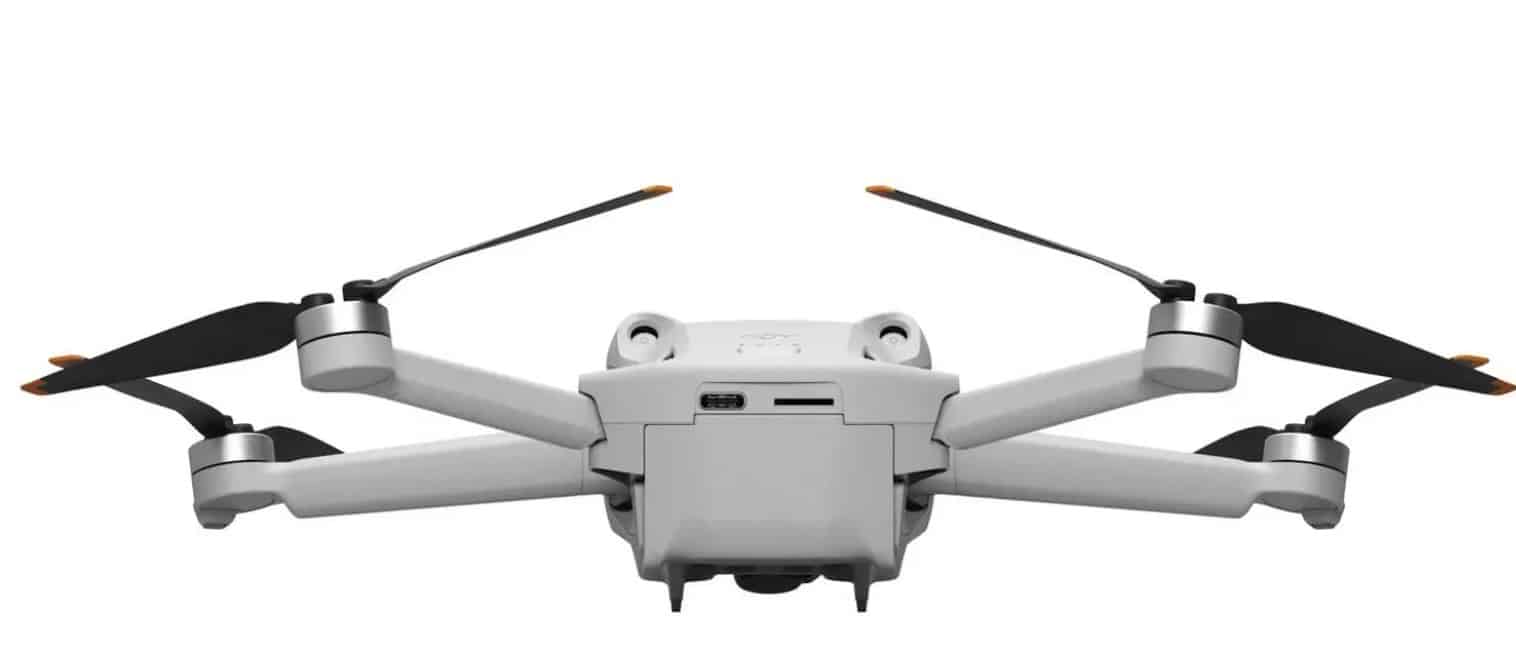 The Mini 3 Pro unfolded, showing the forward and downward obstacle sensors.