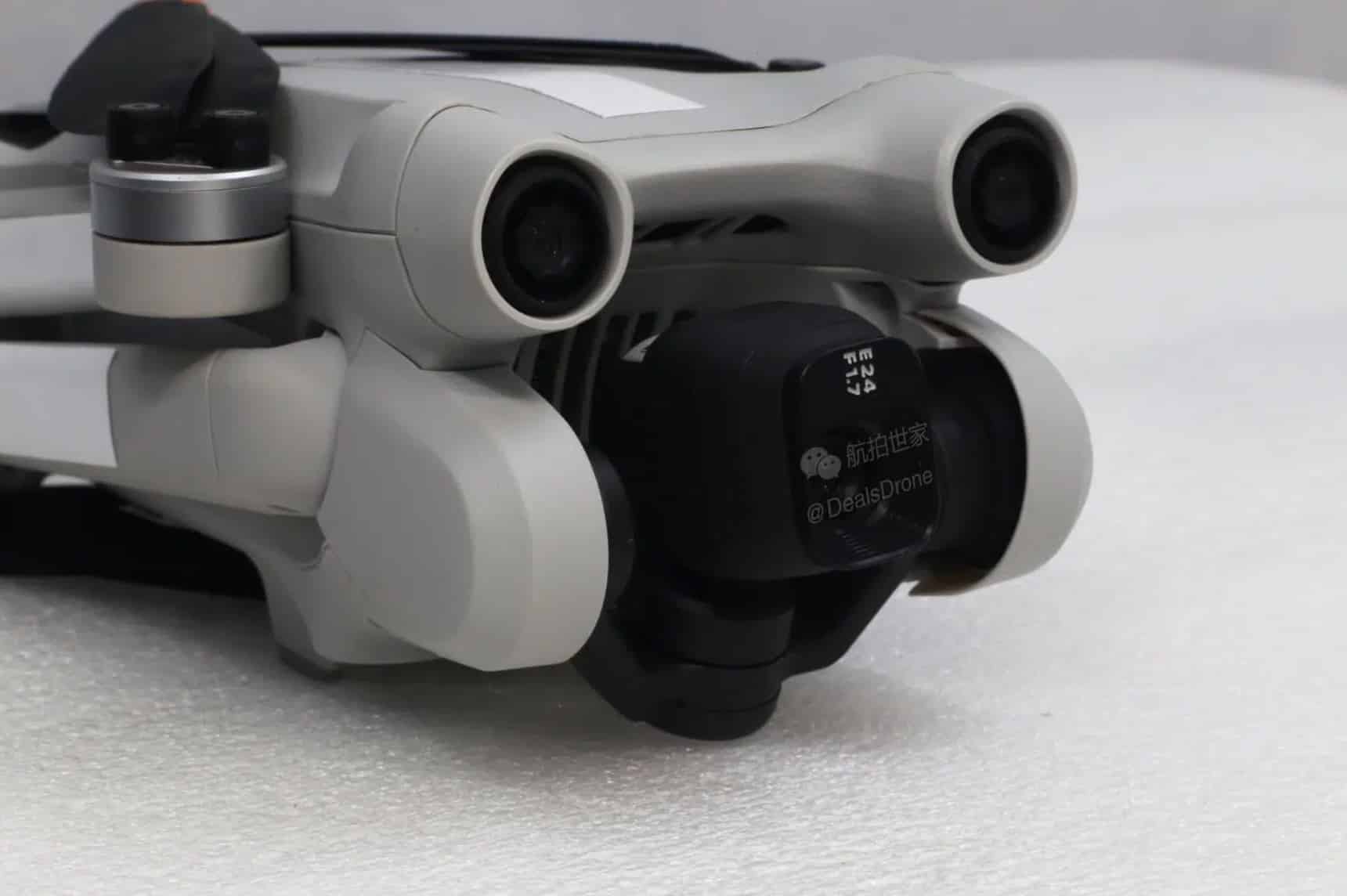 Close-up of a DJI Mini 3 Pro with its camera rotated for vertical shooting.