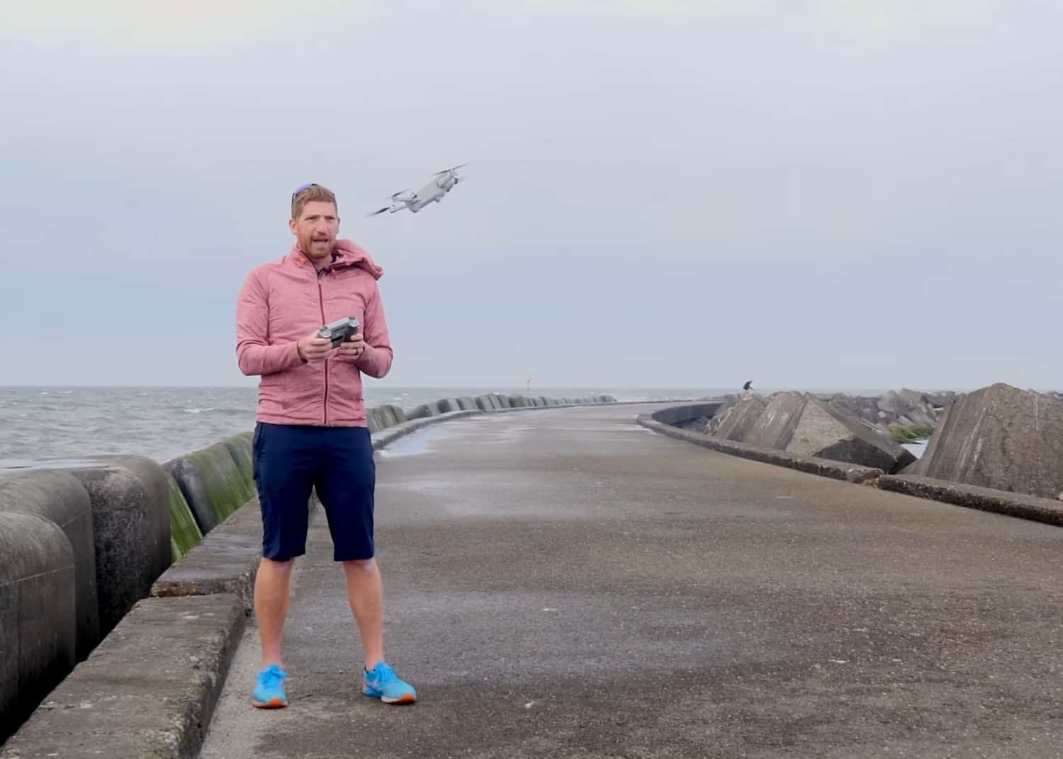 Ray from DC Rainmaker flying the Mini 3 Pro on a windy Dutch coastline.