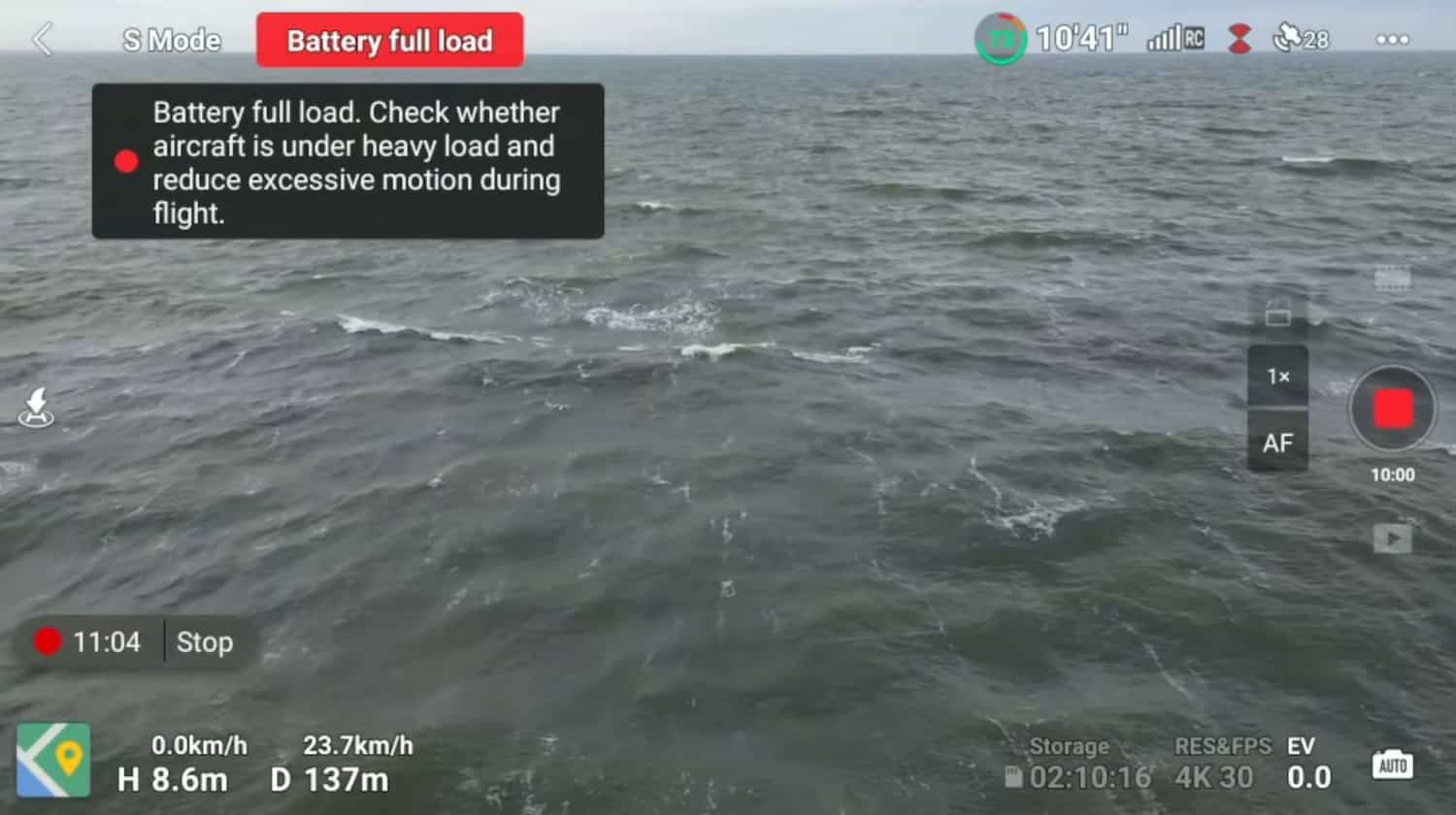 Battery full note advising the pilot to reduce excessive motion in flight.