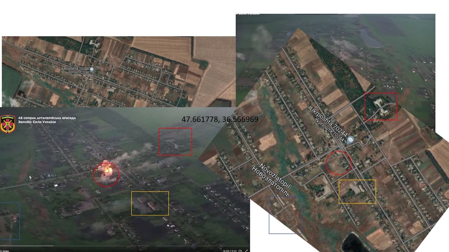 Screenshot pairing strike footage with satellite maps marking the depot location.