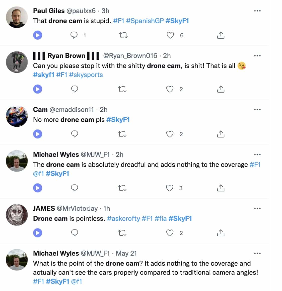 Screenshot of stacked tweets criticizing the Formula One drone camera coverage.