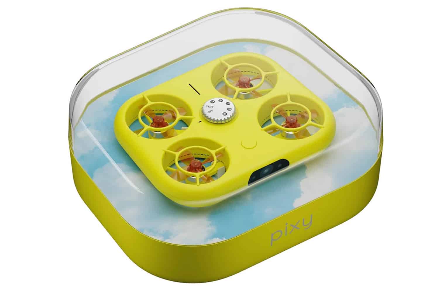 Yellow Snap Pixy selfie drone inside its clear retail display case.