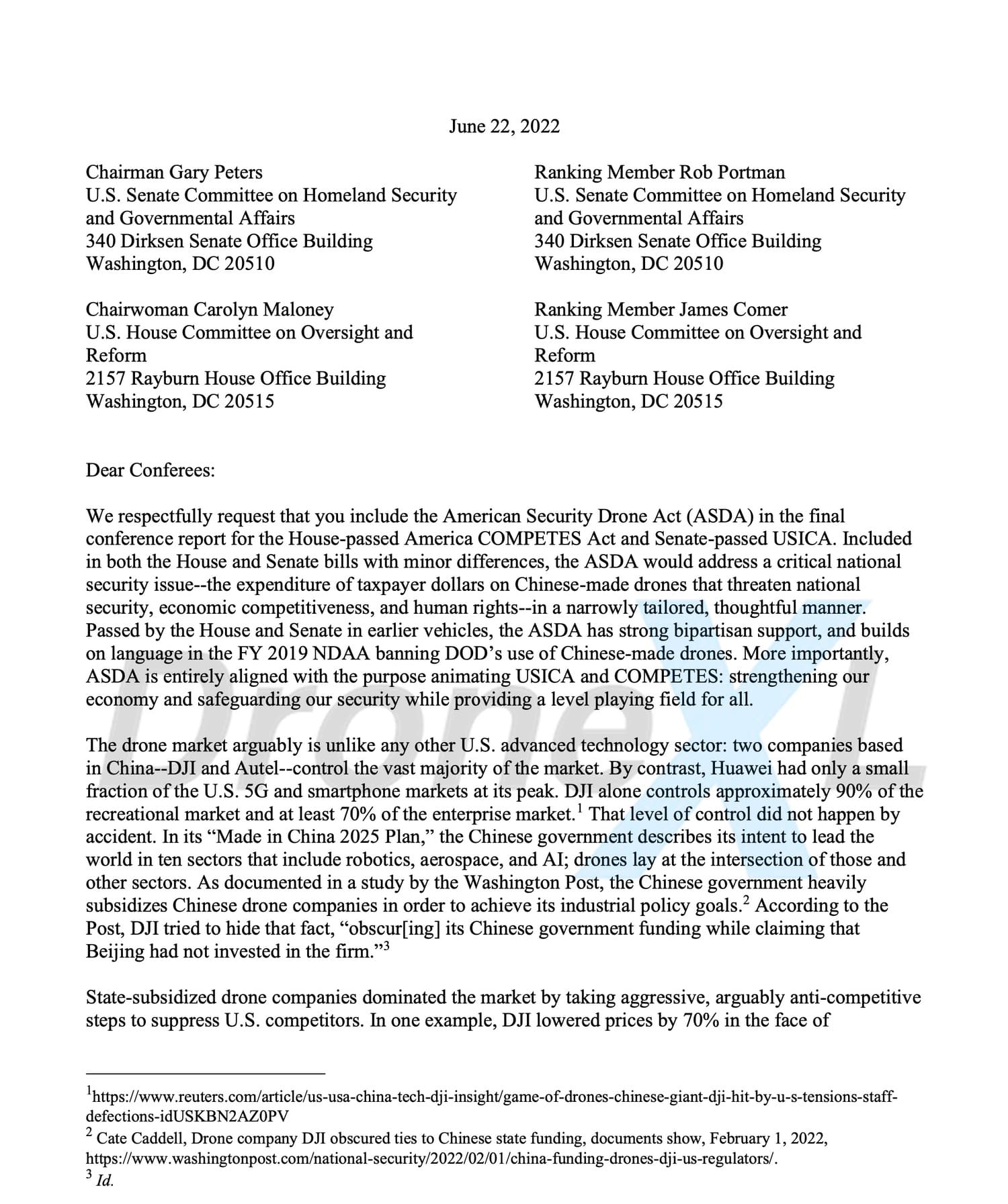 Page one of the blue sUAS manufacturers letter to the Senate committees.