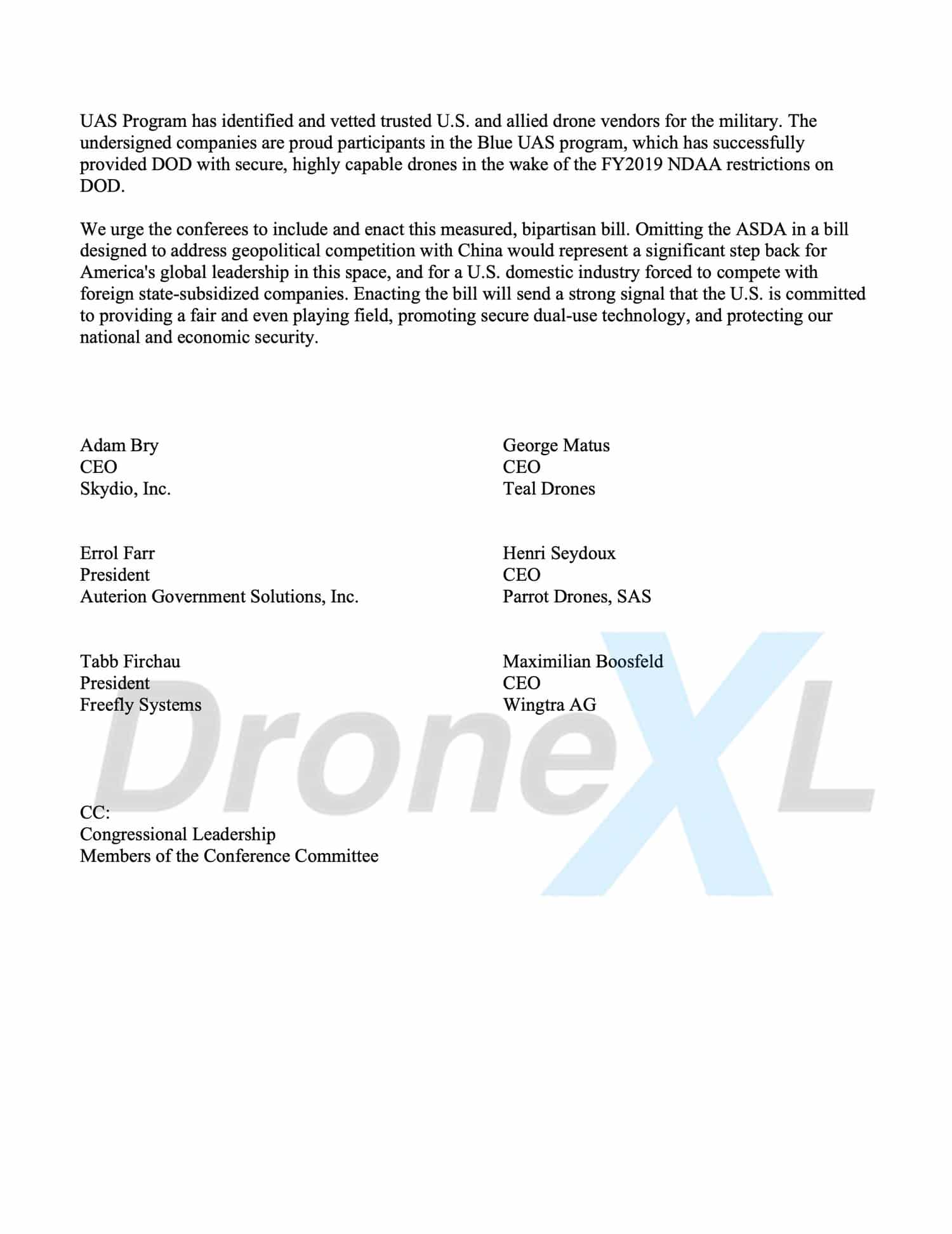 The final page of the blue sUAS letter to the Senate committees.