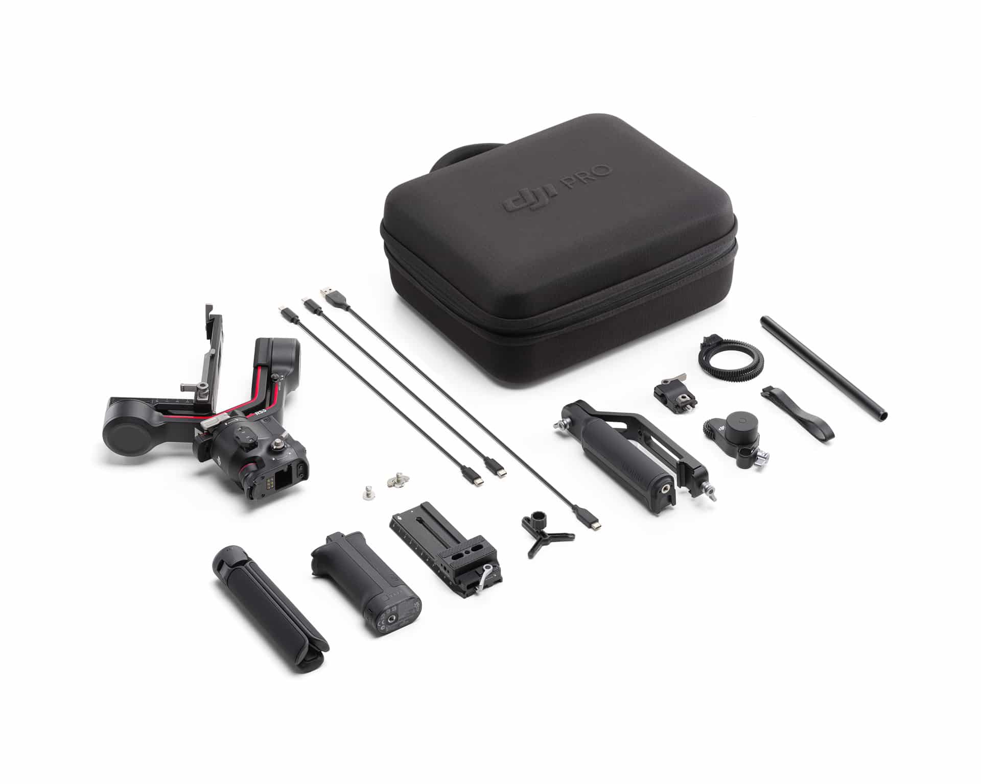 DJI RS 3 Combo laid out with briefcase handle, focus motor and carrying case.