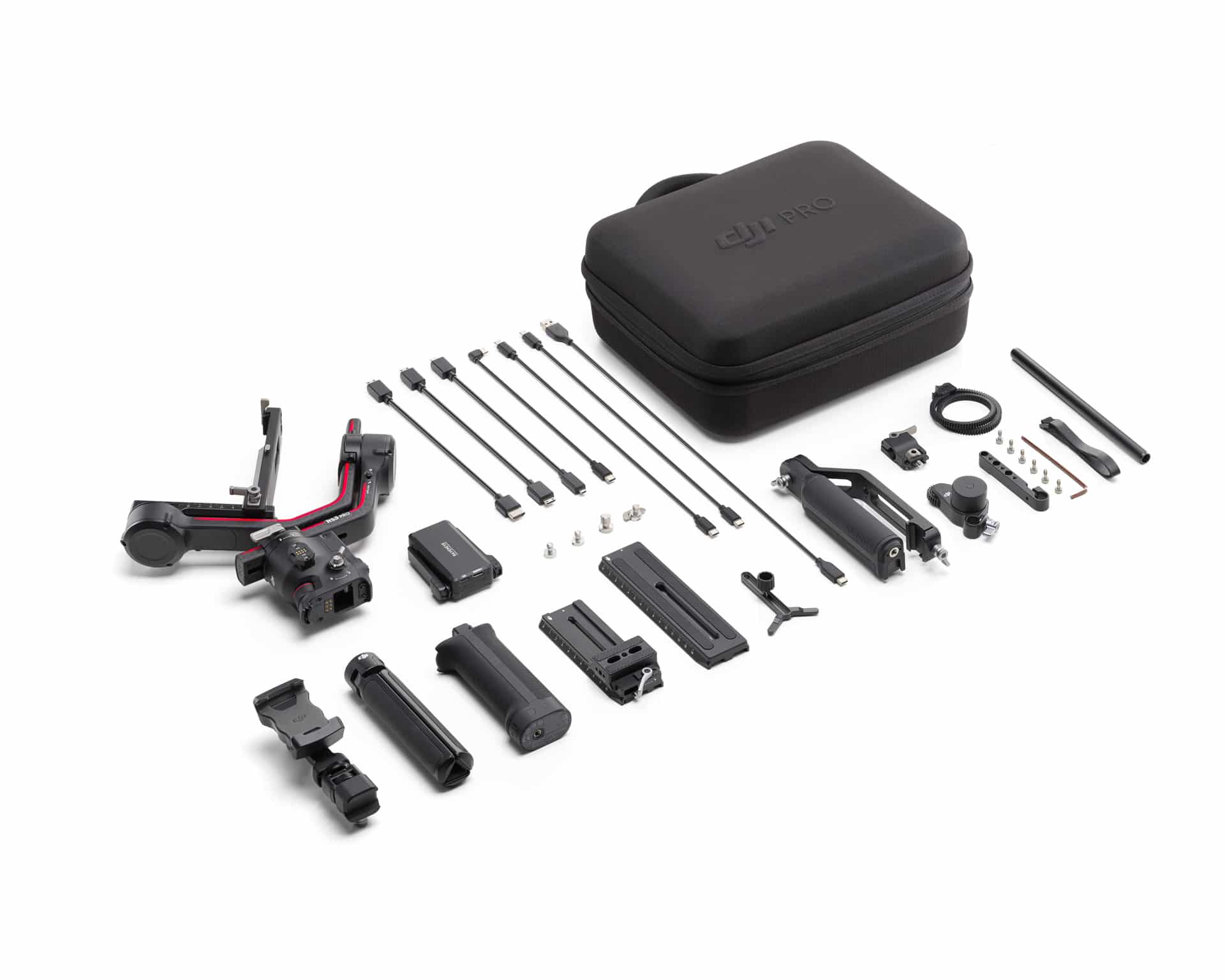 DJI RS 3 Pro Combo laid out with phone holder, focus motor and image transmitter.