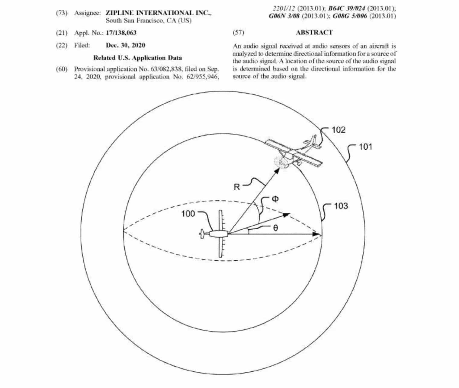 Zipline patent page diagramming acoustic detection geometry around an aircraft in a sphere.