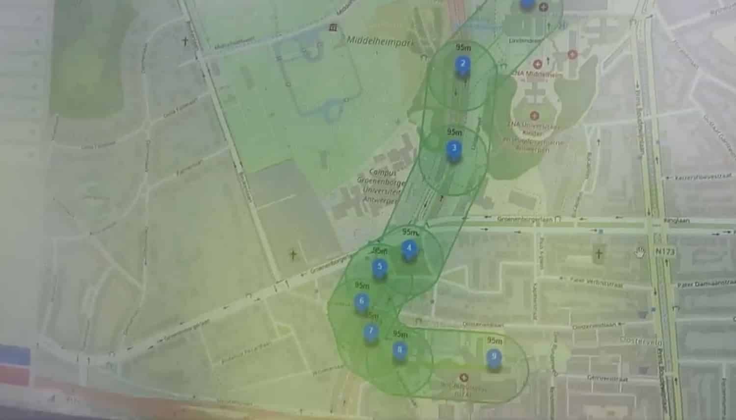 Map showing part of the medical drone flight path above Antwerp.